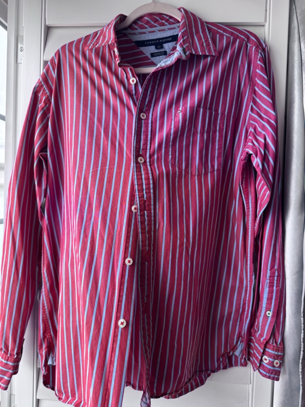 Tommy Hilfiger Men’s Red and Light Blue Striped Button-Down Shirt